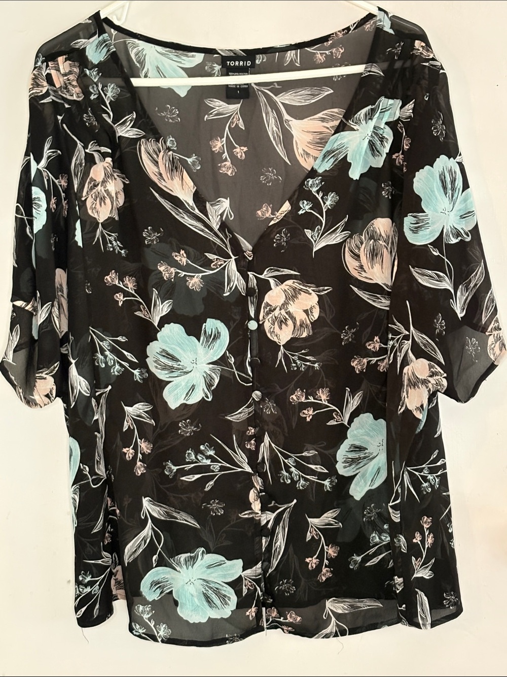 Torrid Size 1 black semi sheer blouse turquoise peach floral print